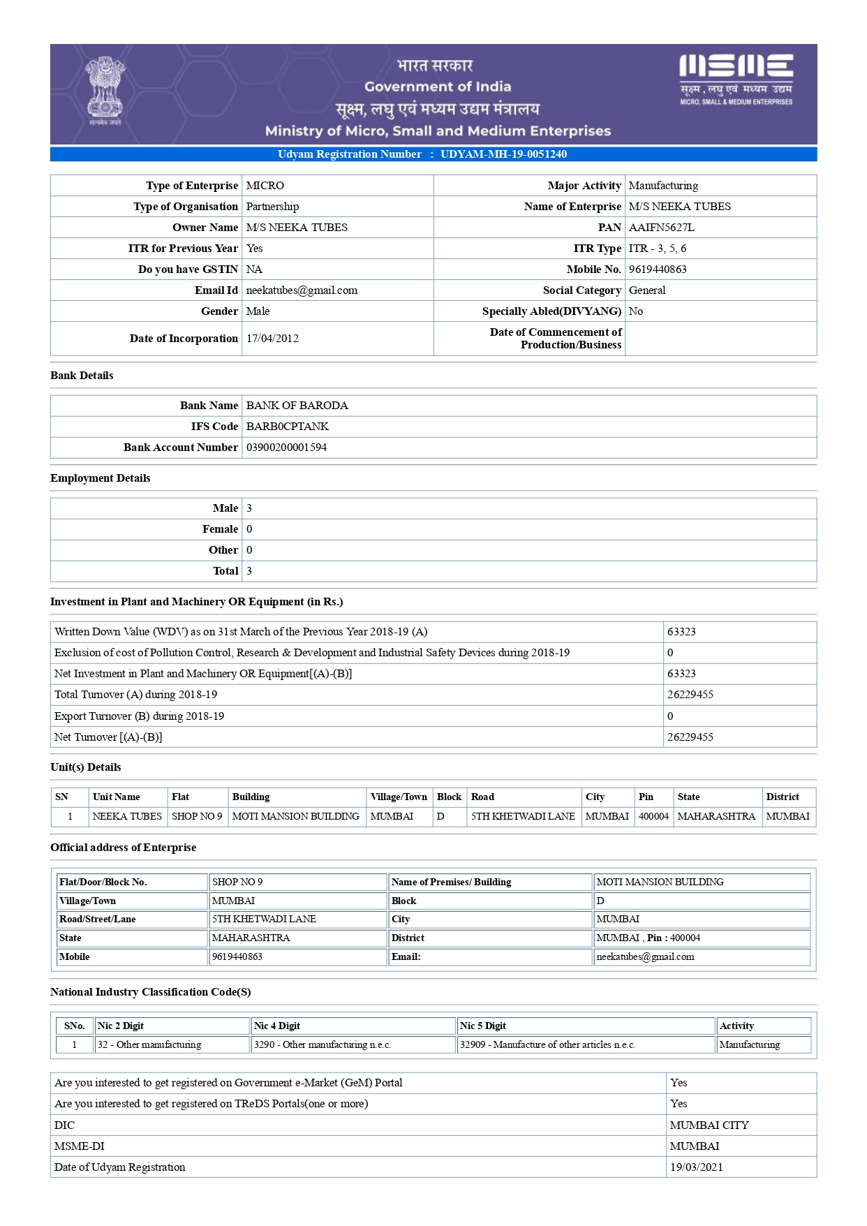 MSME Certificate NEEKA TUBES